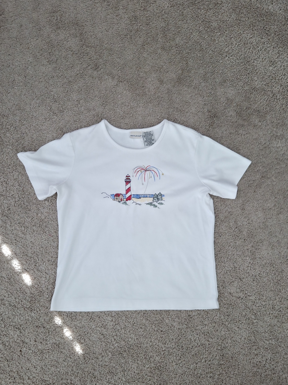 White Stag White Women's Tee with Red & Blue Lighthouse and Multicolor Fireworks